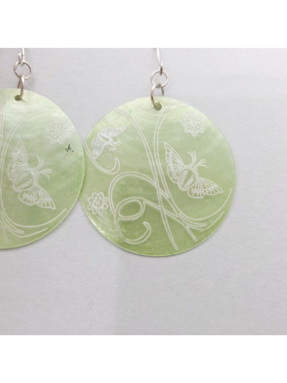 Round Green Shell Earrings With Butterfly & Floral Engraving Design 2.5" - Picture 3 of 6